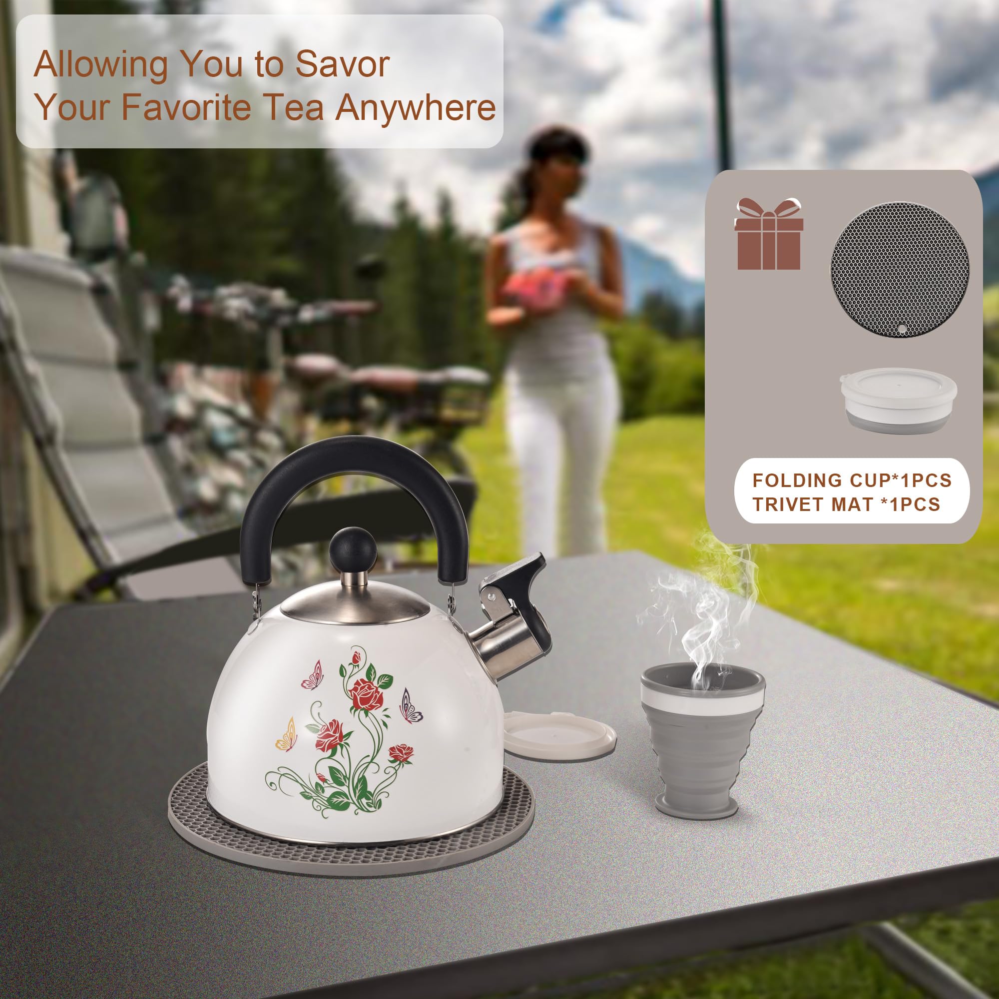 ARC included trivet mat and folding cup laid out benefit: portable use and surface protection