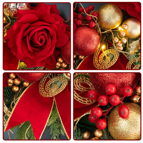 ArcadiaArt detail of silver ornaments and red roses illustrating premium festive accents and elegant finish