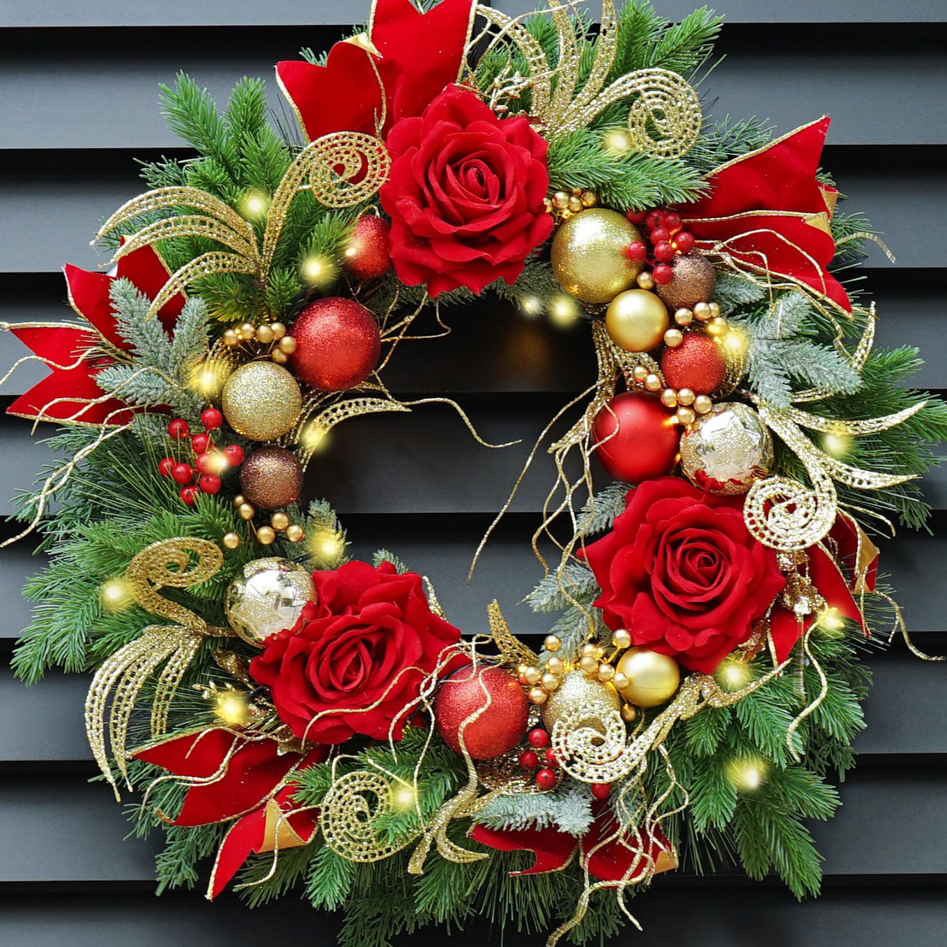 ArcadiaArt front view of 24-inch wreath showing full greenery and ornaments for instant curb appeal