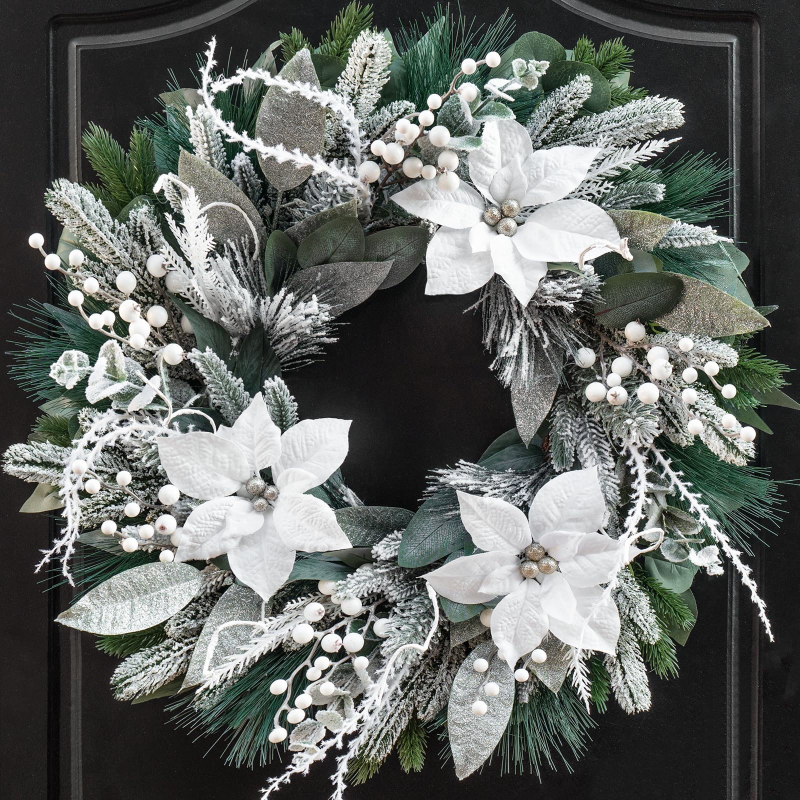 ArcadiaArt front view wreath showing full frosted greenery and festive curb appeal