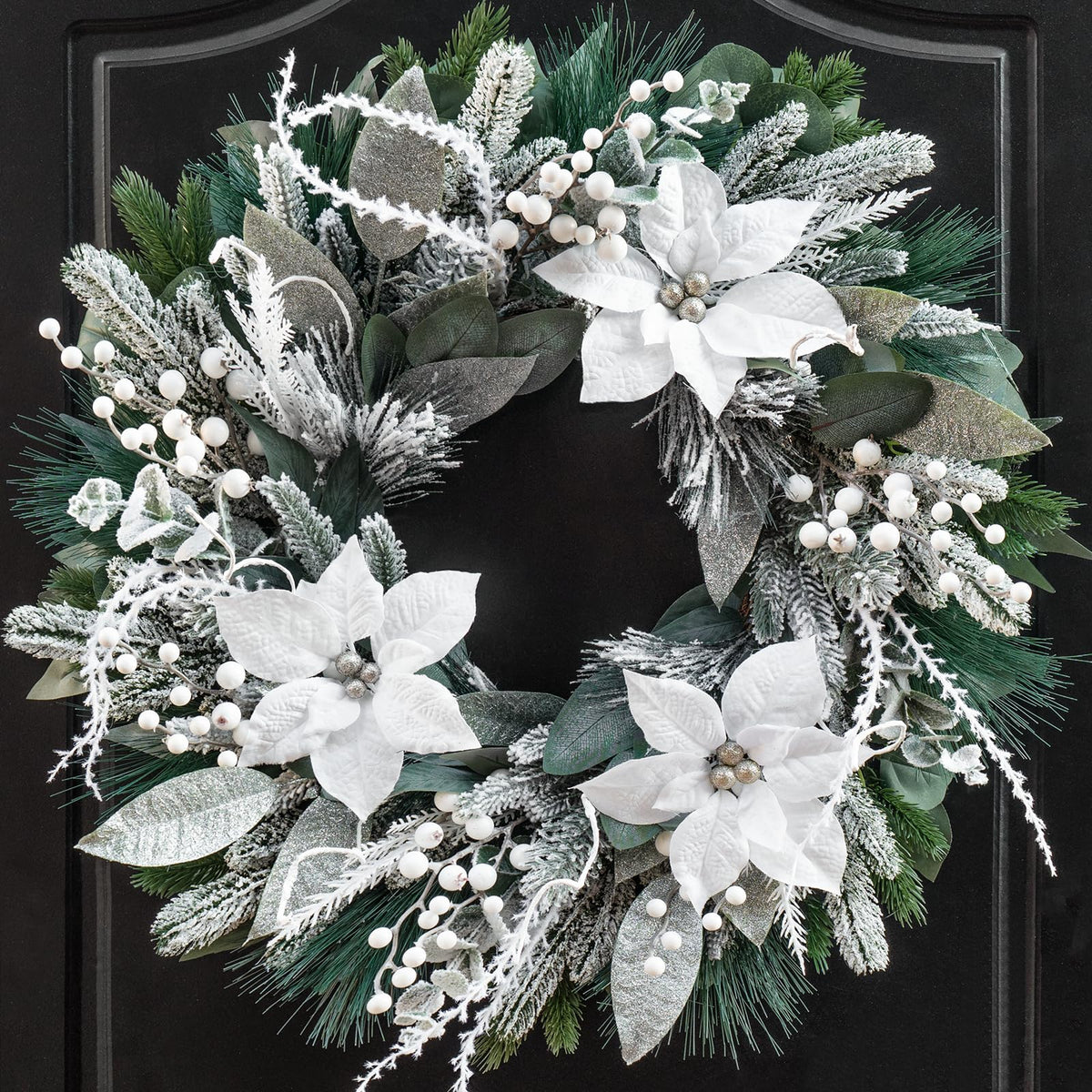ArcadiaArt front view wreath showing full frosted greenery and festive curb appeal