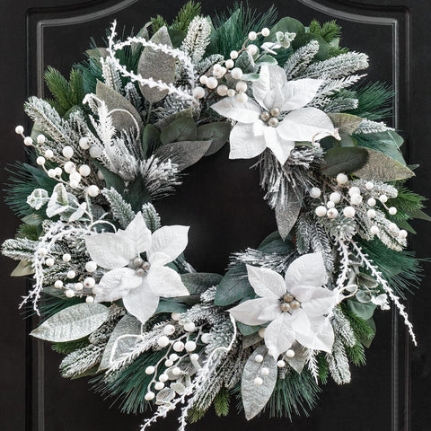 ArcadiaArt front view wreath showing full frosted greenery and festive curb appeal