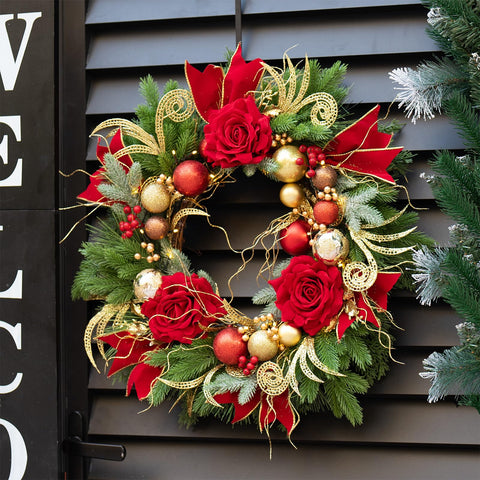 ArcadiaArt wreath hung on a front door creating welcoming lit entryway ambiance