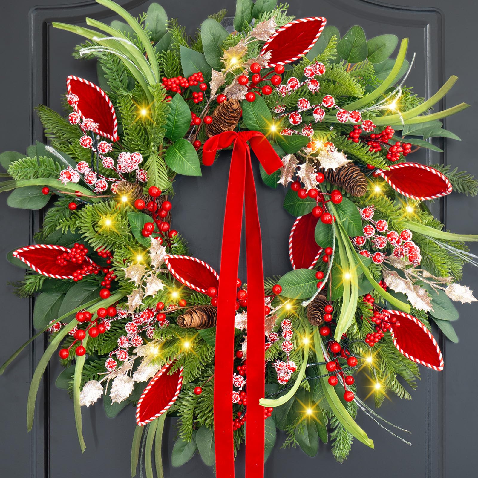 ArcadiaArt wreath on front door showing full festive entrance and curb appeal