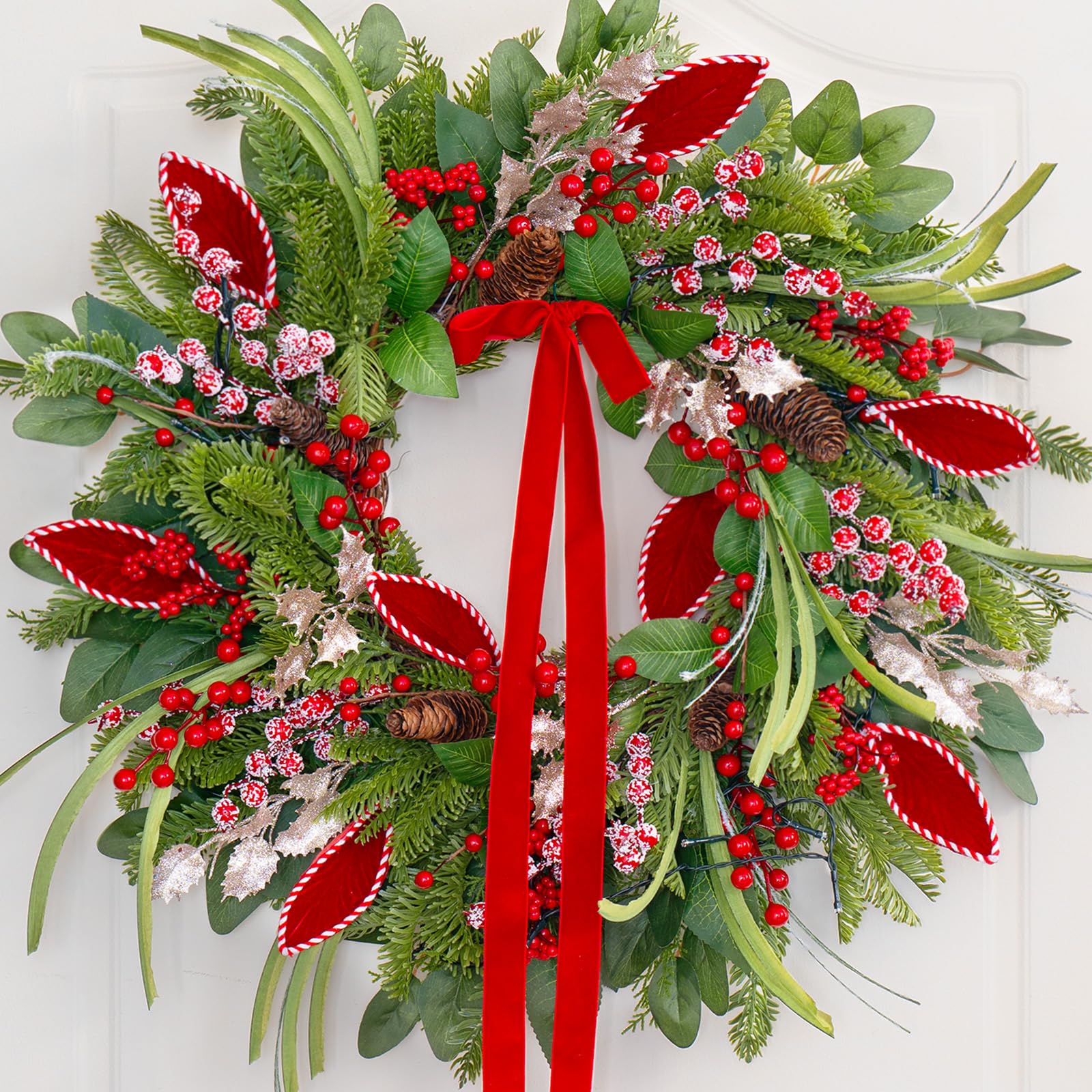 ArcadiaArt wreath on decorated porch illustrating versatile seasonal styling