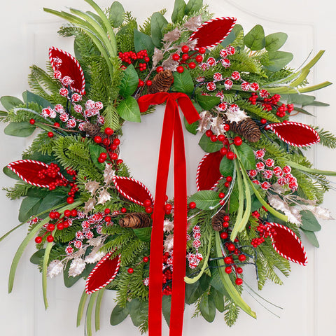 ArcadiaArt wreath on decorated porch illustrating versatile seasonal styling