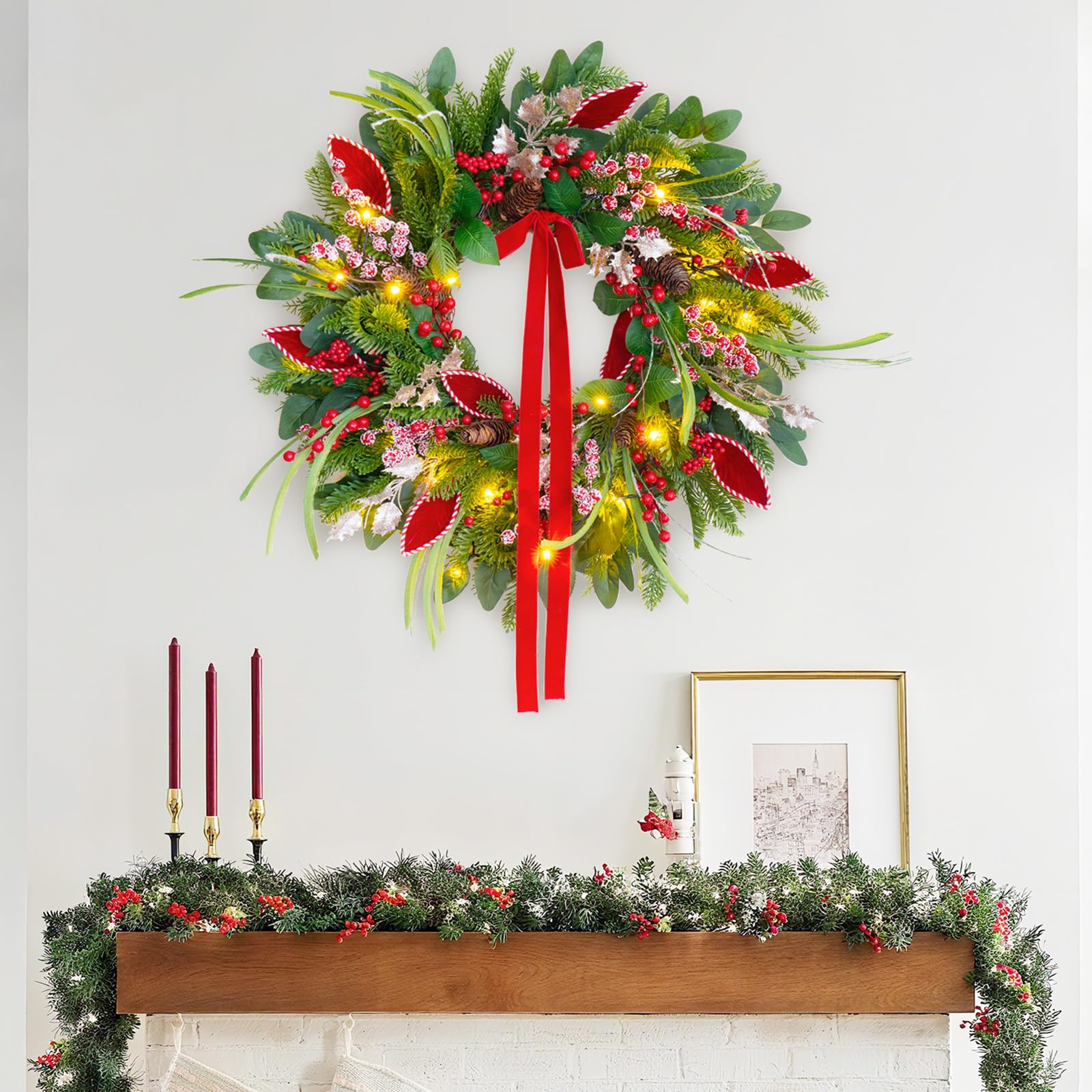 ArcadiaArt wreath lit at dusk displaying warm LED glow for cozy ambiance