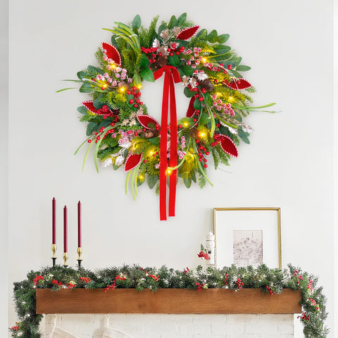 ArcadiaArt wreath lit at dusk displaying warm LED glow for cozy ambiance