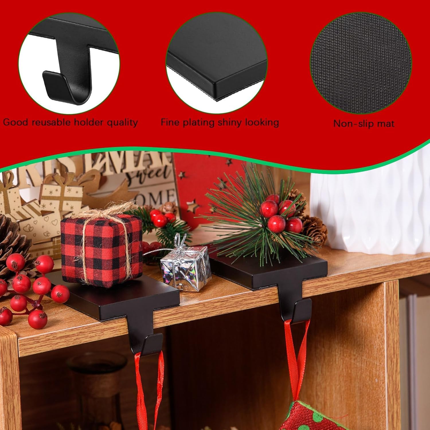 ARCHCRTC holders with stockings on mantel creating organized festive display