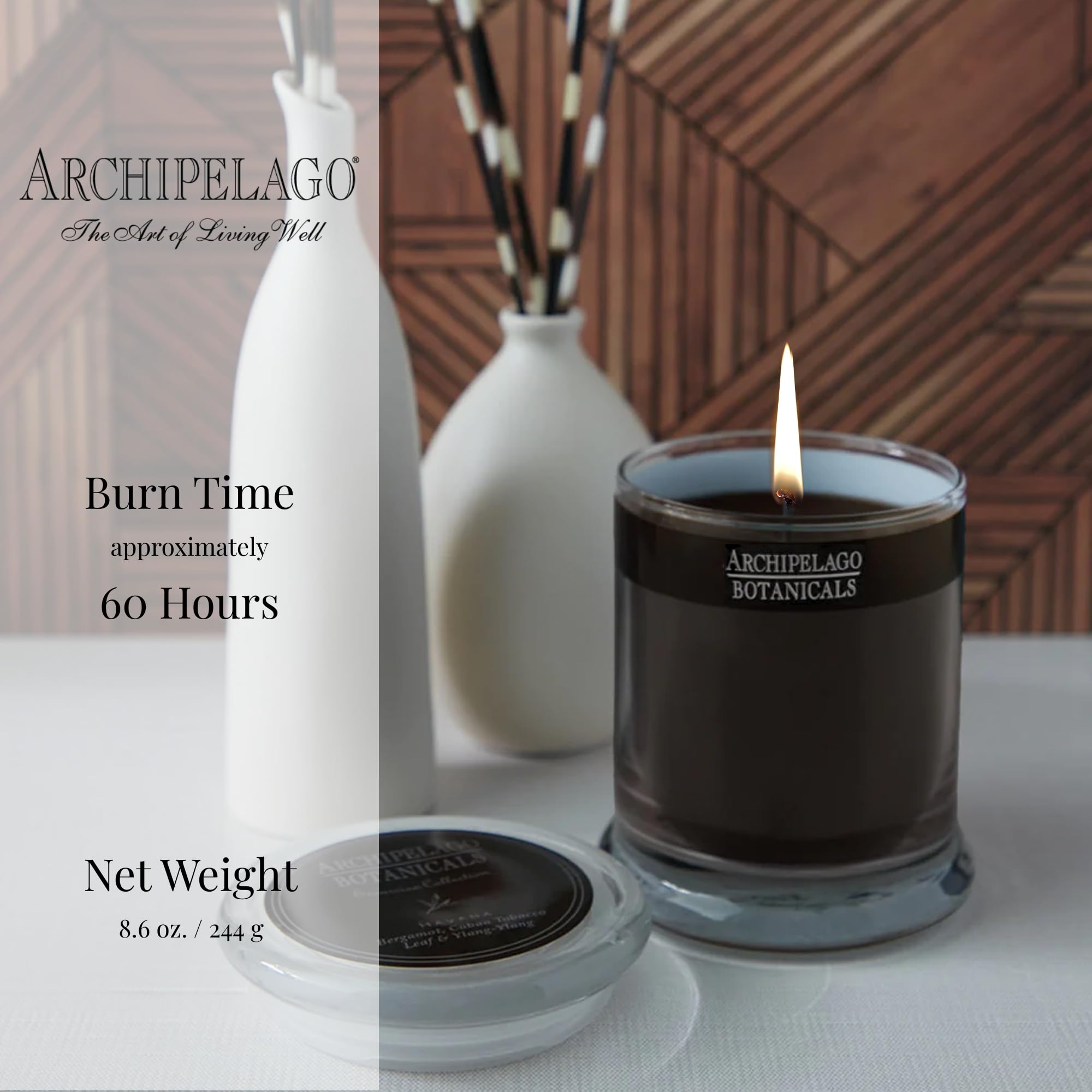 Archipelago Botanicals Havana lit in living room creating cozy atmosphere benefit: room-enhancing fragrance