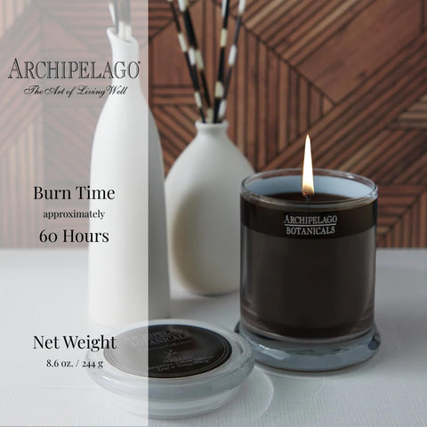 Archipelago Botanicals Havana lit in living room creating cozy atmosphere benefit: room-enhancing fragrance