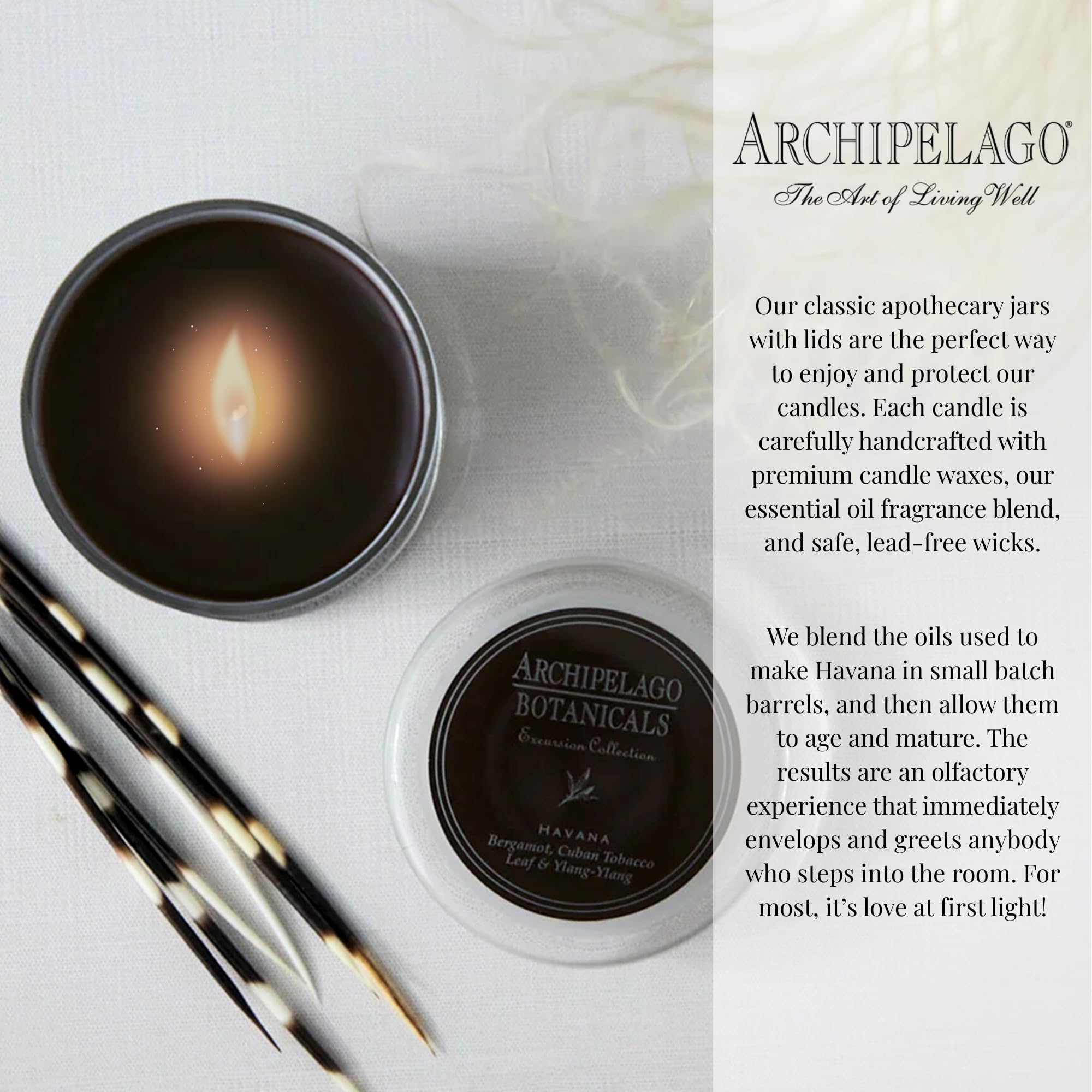 Archipelago Botanicals Havana with lid top view showing protective cover benefit: preserves scent