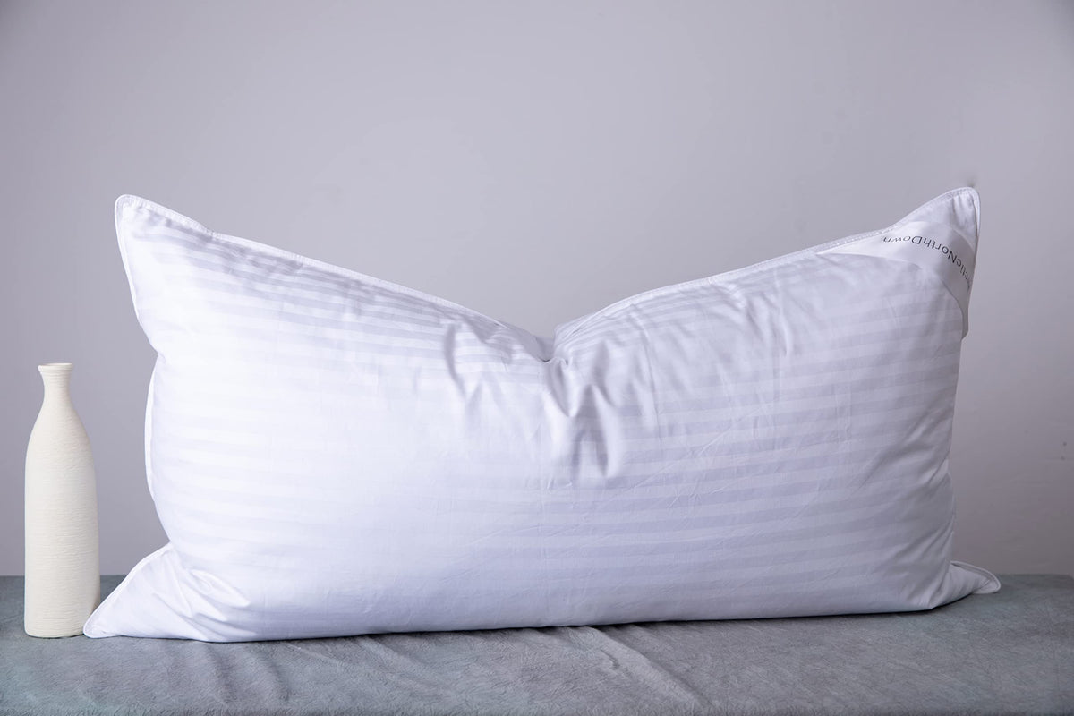 ArcticNorthDown king pillow front view showing stripe white cover and neat piping benefits crisp look