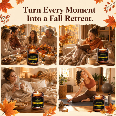 Aredenua candles on a cozy coffee table setting creating autumn ambiance