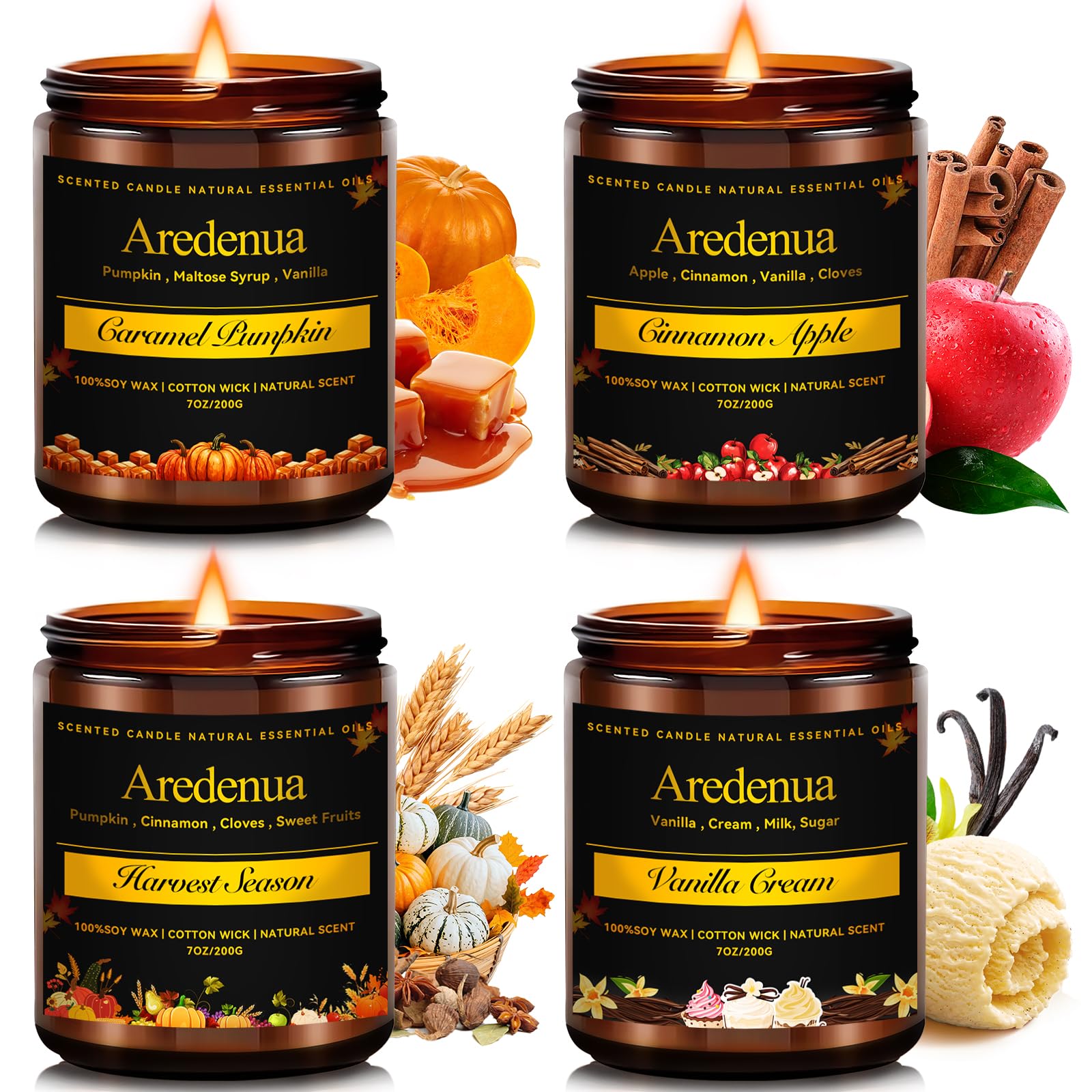 Aredenua fall candles pack front showing four seasonal jars and warm appeal