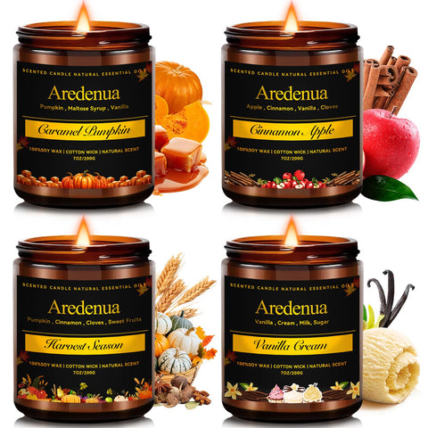 Aredenua fall candles pack front showing four seasonal jars and warm appeal