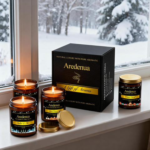 Aredenua four candles lined on wood table illustrating scent variety for room rotation benefit
