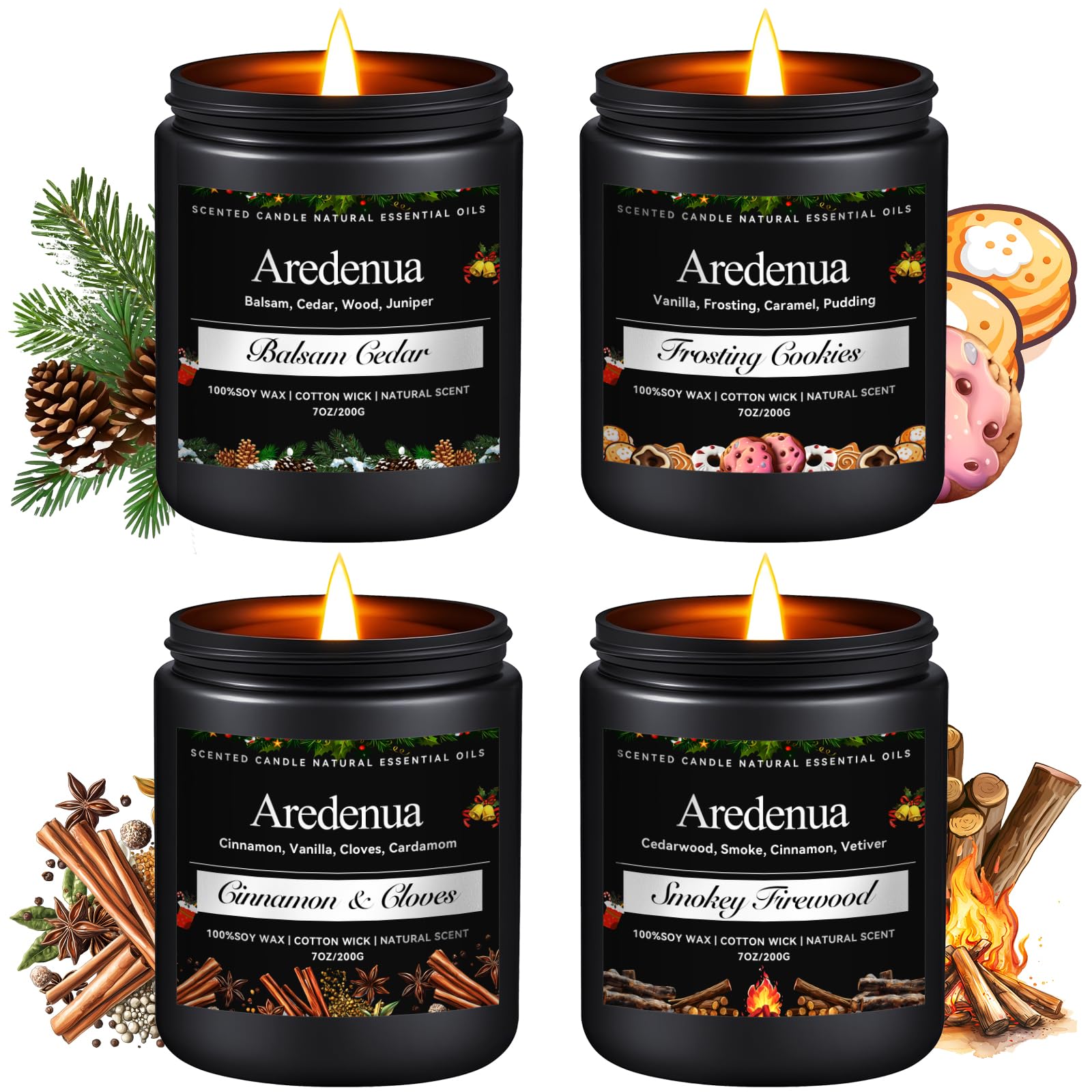 Aredenua front packaging showing four seasonal candle jars, gift-ready