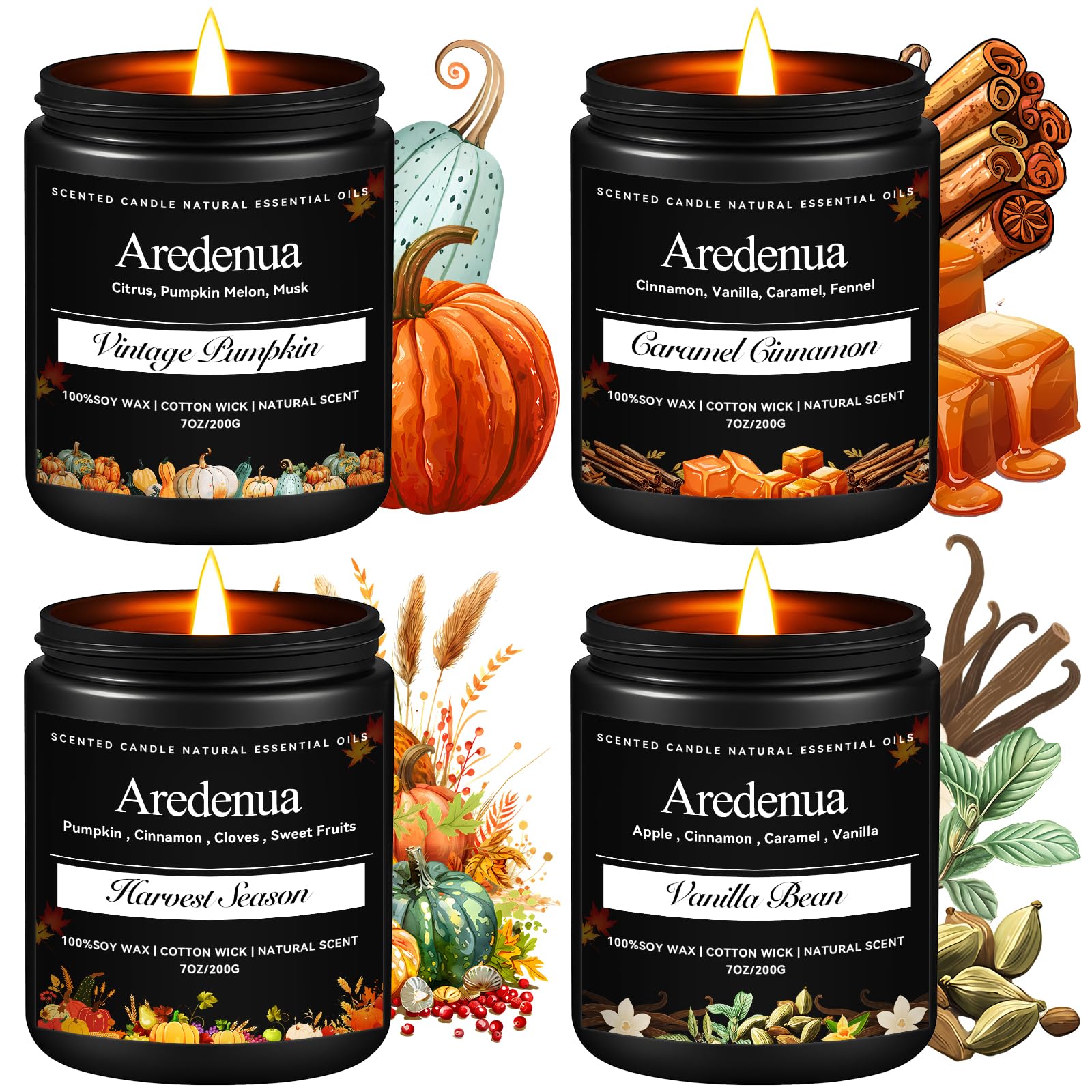 Aredenua front packaging showing four fall candles and seasonal appeal