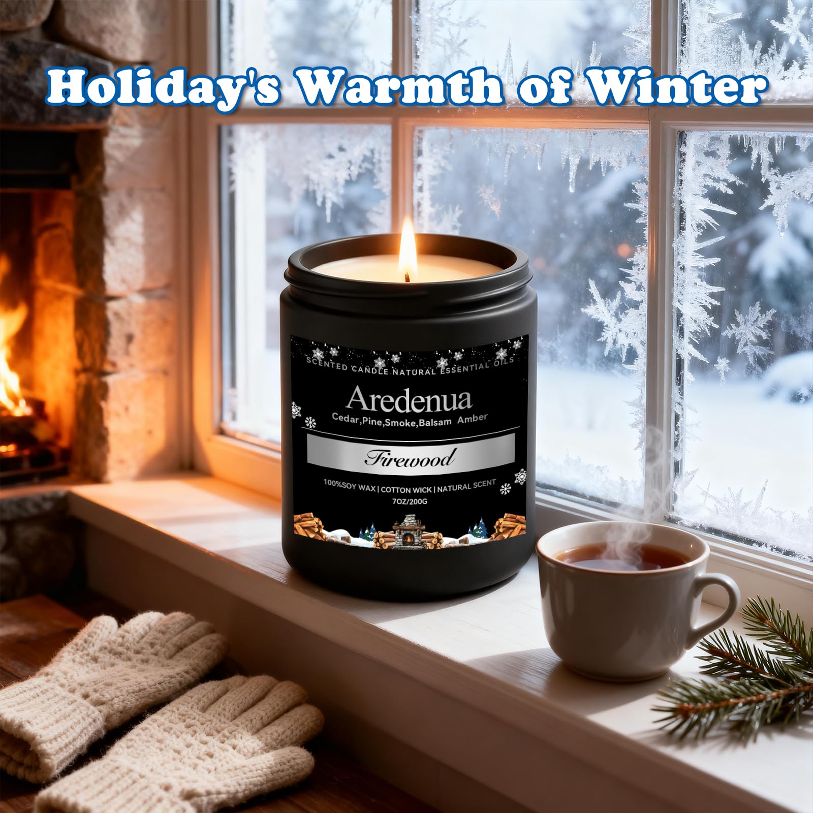 Aredenua candle burning in evening setting creating relaxing, festive ambient light