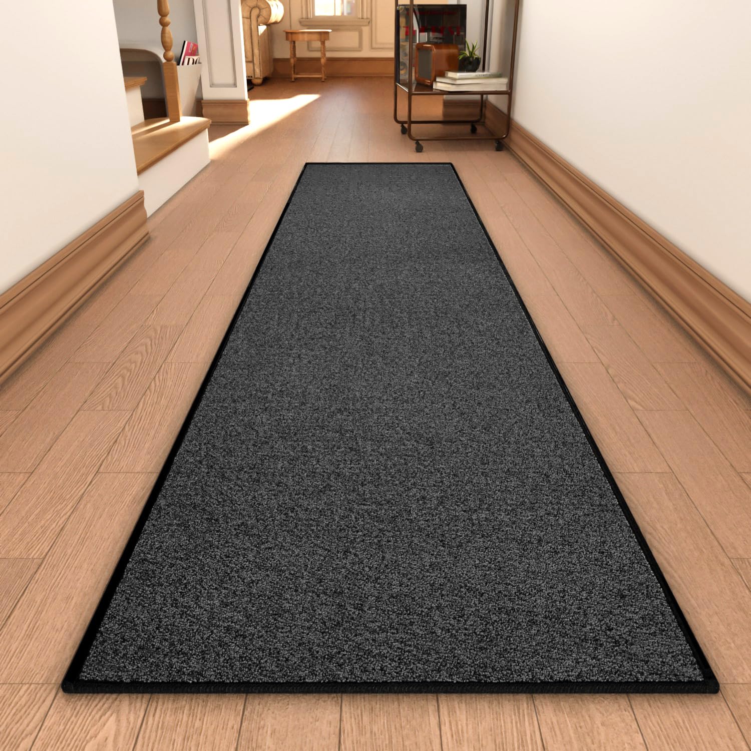 AREDO runner front view showing clean black design and elegant look for hallways
