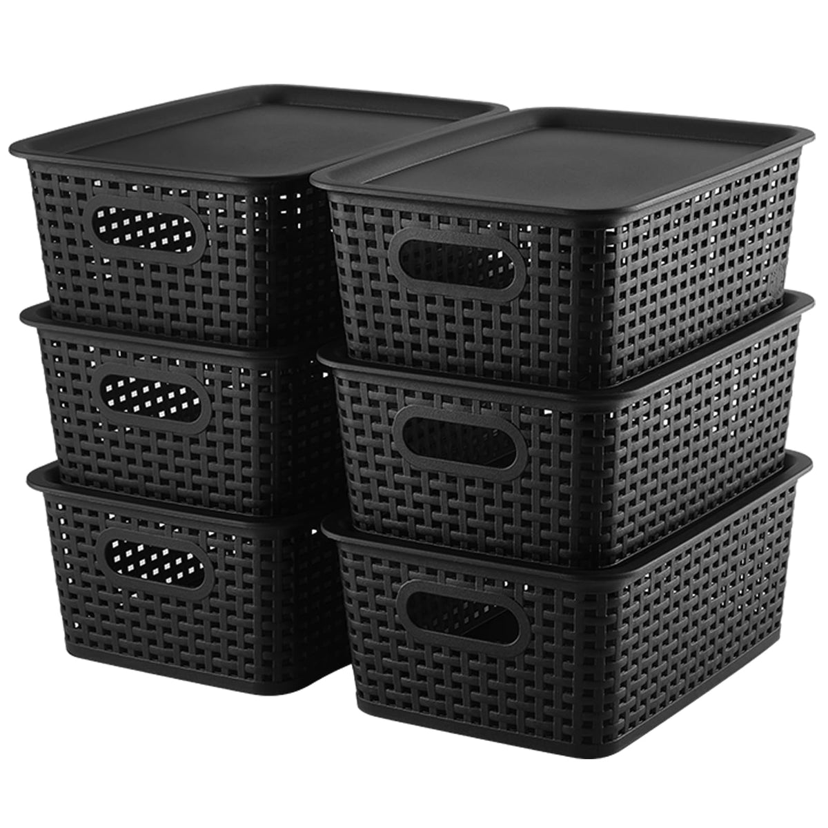 AREYZIN front view of six black storage bins showing neat compact set and lids