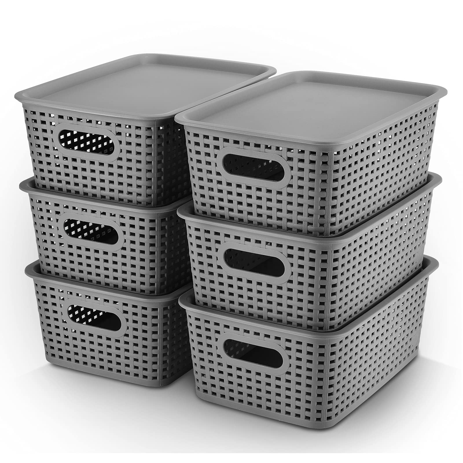 AREYZIN front view of six gray lidded storage baskets showing neat uniform storage