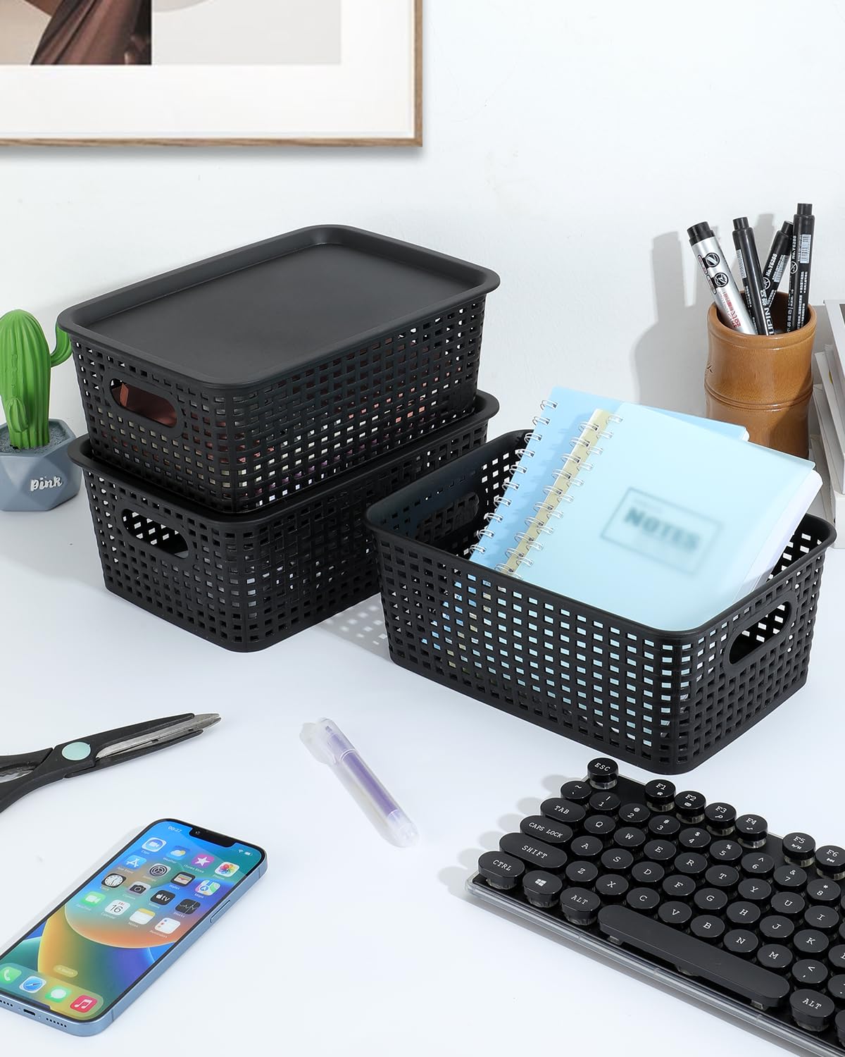 AREYZIN bins arranged on a desk showing tidy workspace and clutter reduction
