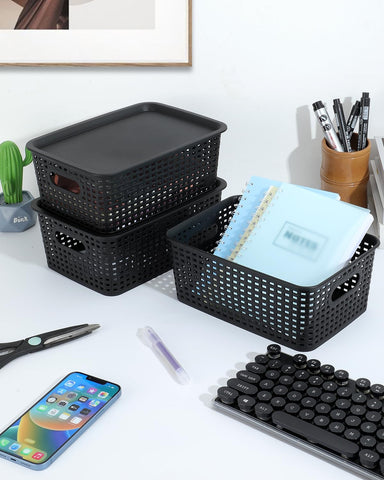 AREYZIN bins arranged on a desk showing tidy workspace and clutter reduction