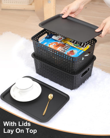 AREYZIN three bins stacked on a shelf illustrating space-saving vertical storage