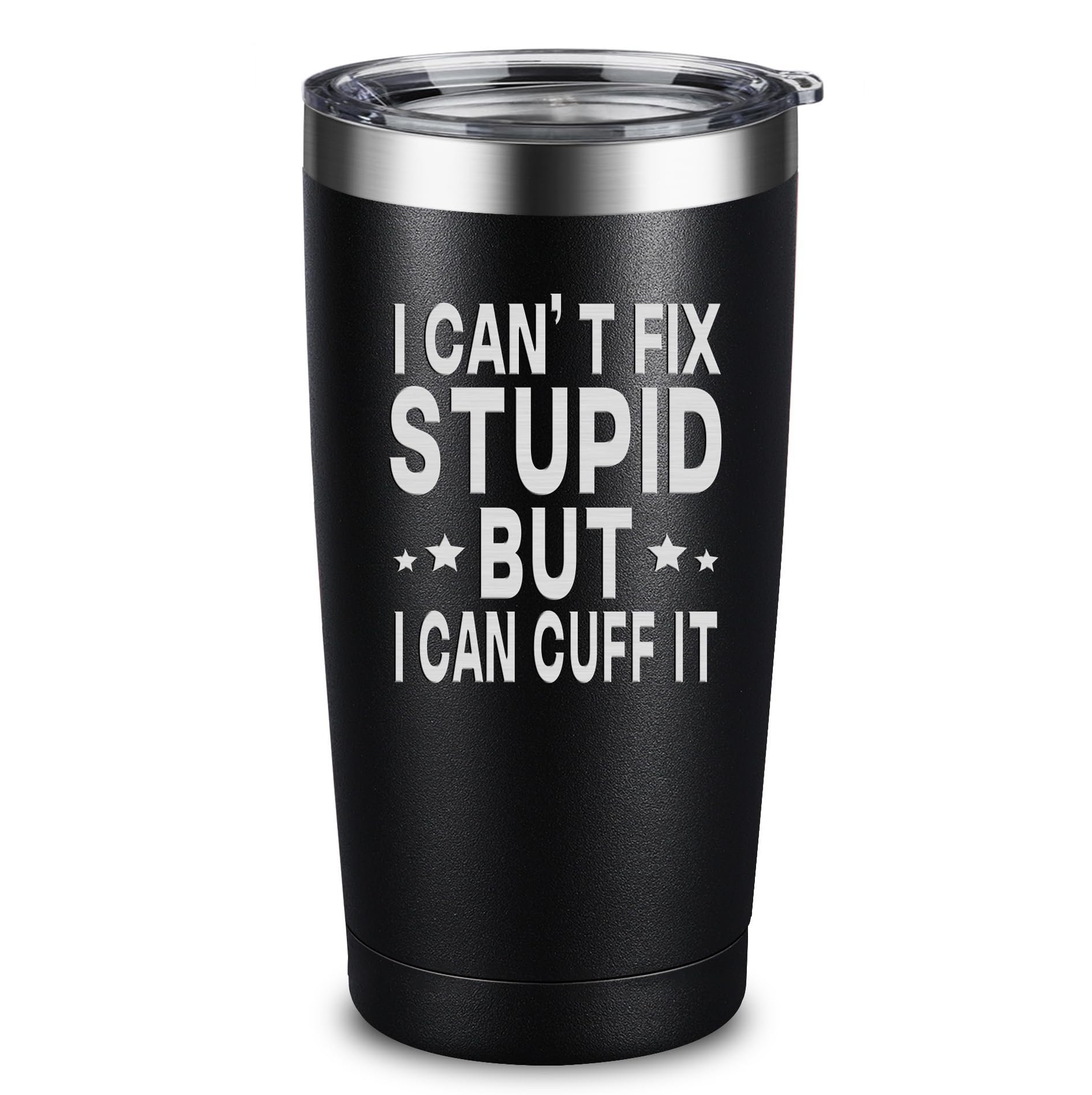 ARIABLE tumbler front engraving showing the humorous police quote and durable finish