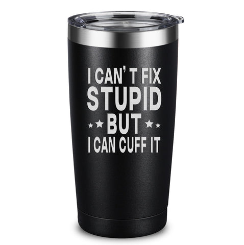 ARIABLE tumbler front engraving showing the humorous police quote and durable finish
