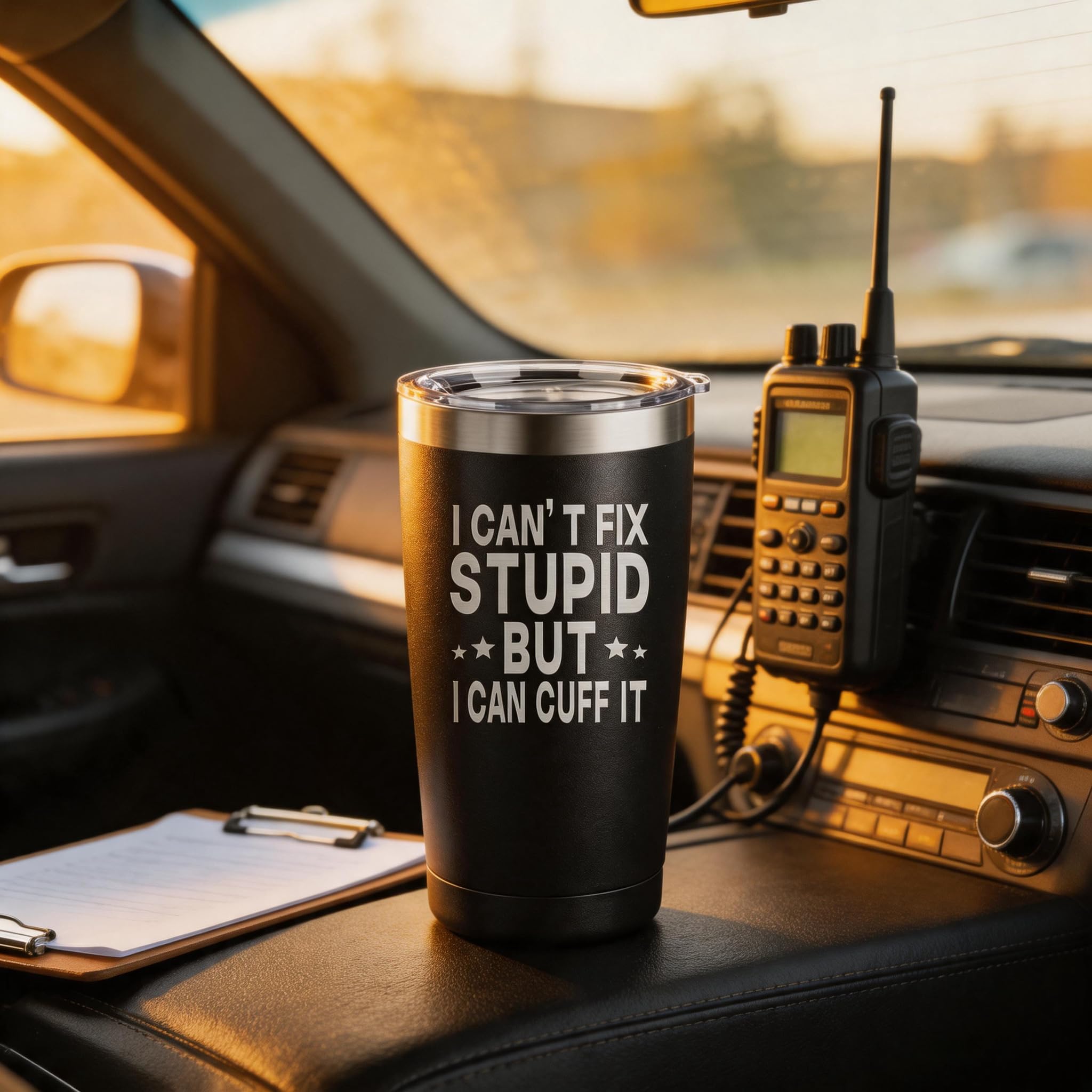 ARIABLE tumbler lid detail showing shatter-resistant sliding lid for spill prevention