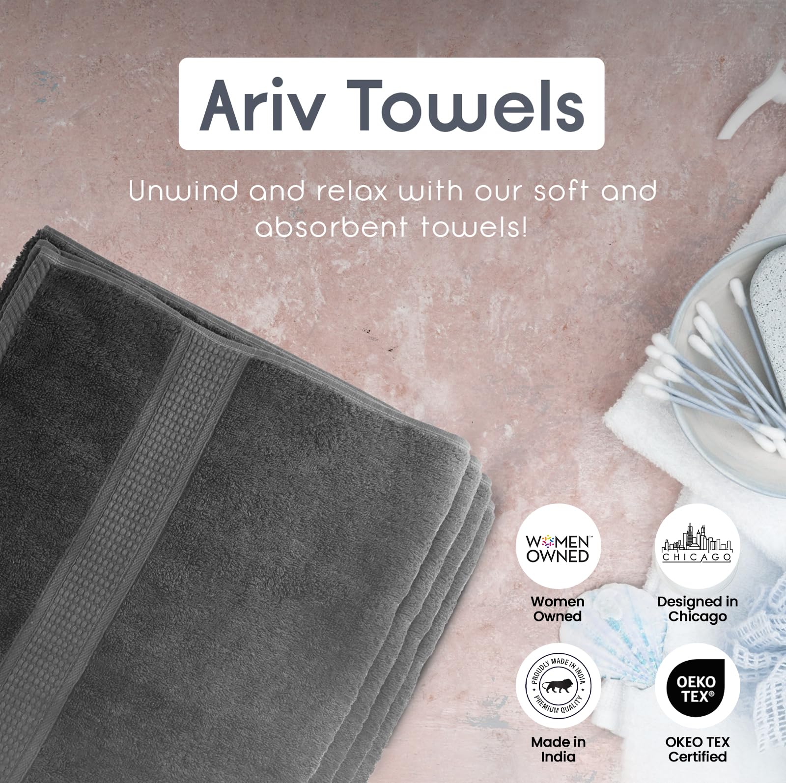 Ariv towels styled in bathroom scene for spa-like comfort and versatility