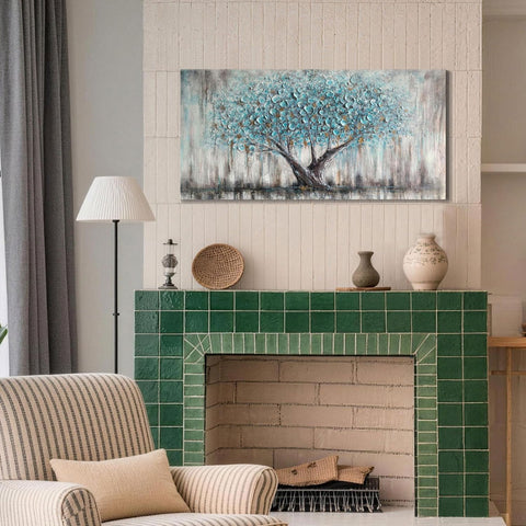 Arjun canvas hung above bed displaying size and color balance benefit bedroom focal point