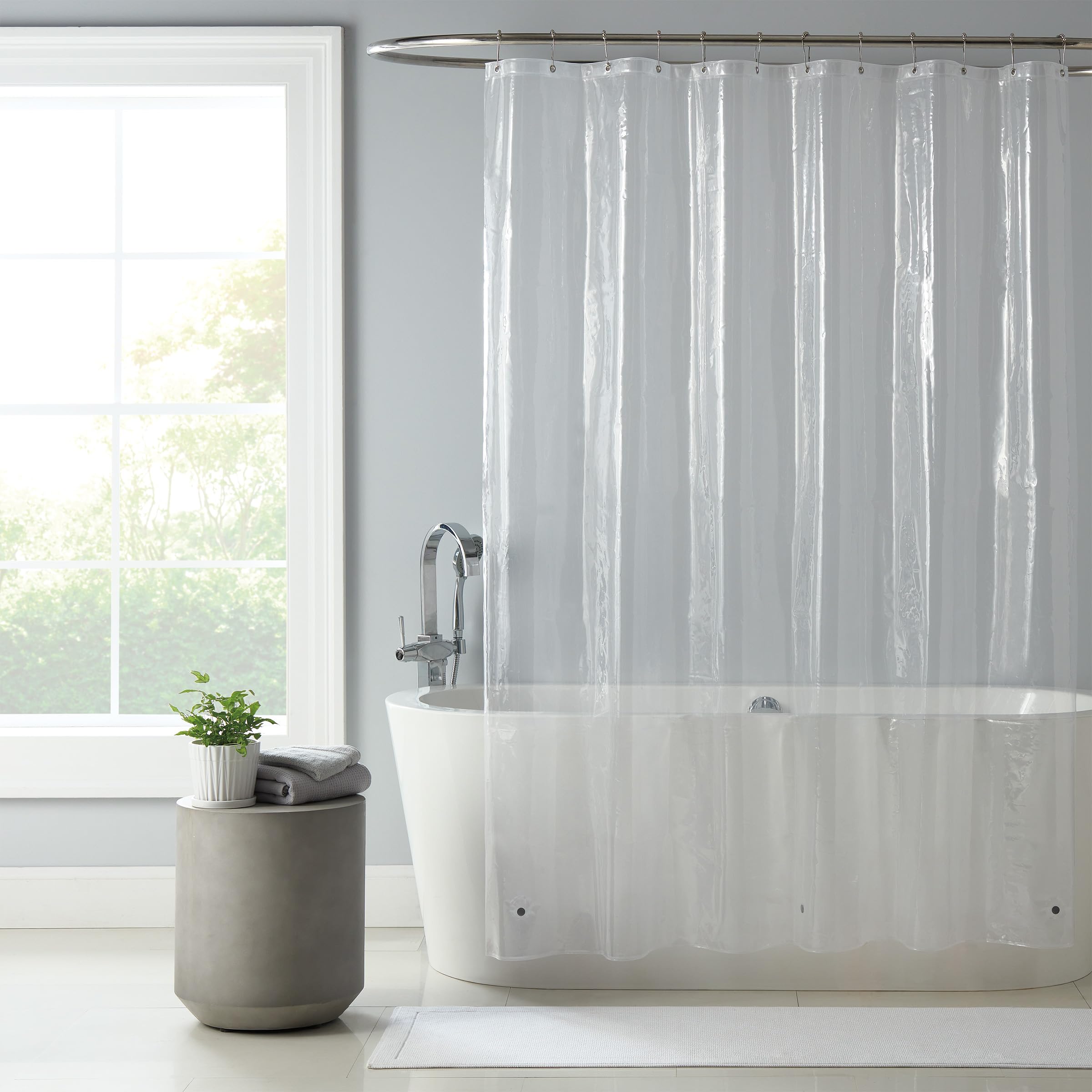 Arkwright front view of clear 2-pack liner protecting curtain and floor