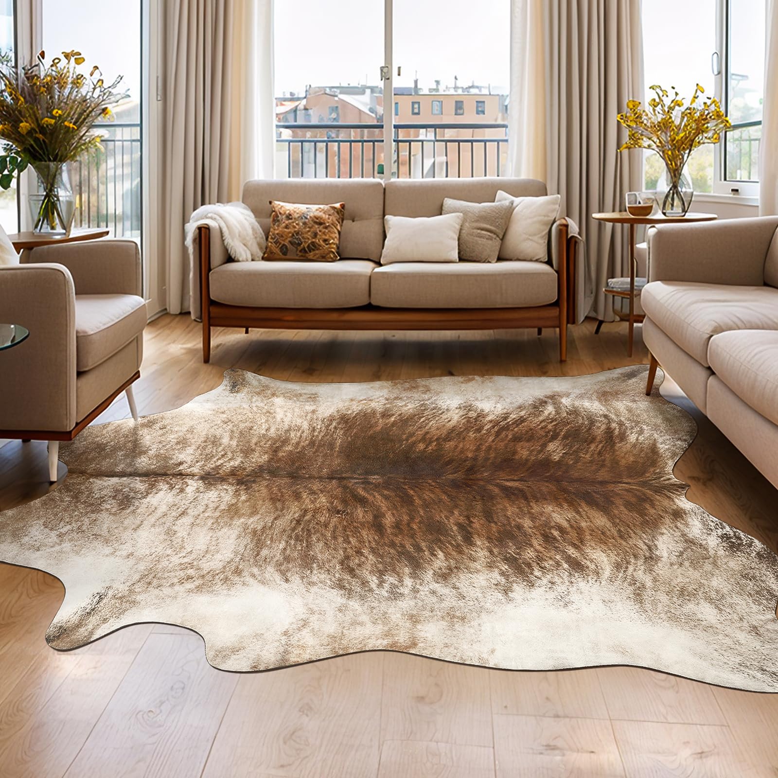 AROGAN front view of brownish faux cowhide rug showing rustic pattern and warmth