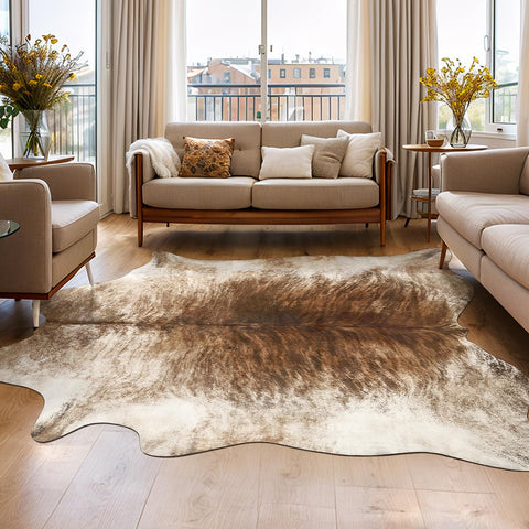 AROGAN front view of brownish faux cowhide rug showing rustic pattern and warmth