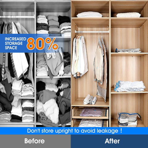 AROIC organized closet after storage showing compressed bedding and neat, space-saving results