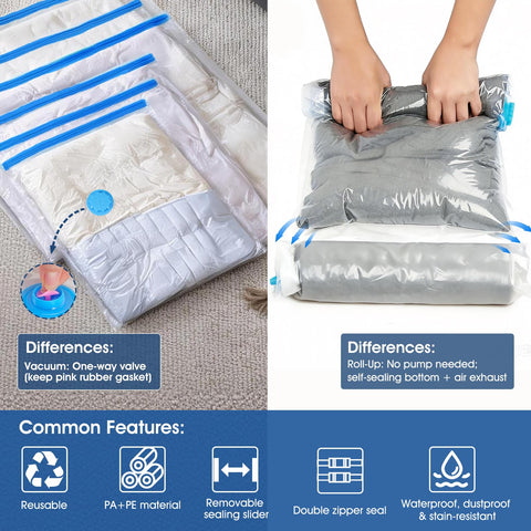 AROIC roll-up bag in hand illustrating pump-free compression for travel and carry-on convenience