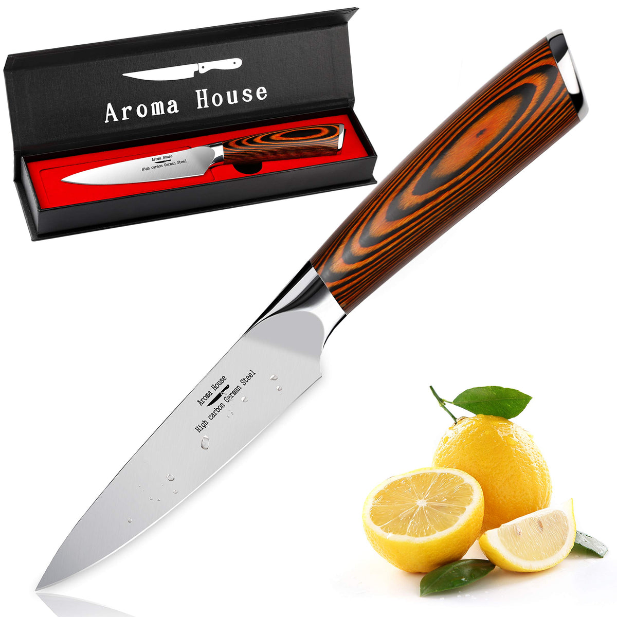 Aroma House paring knife front view showing balanced profile and sharp tip for precision