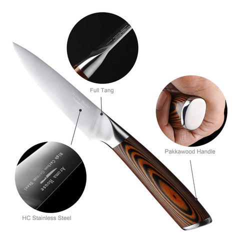 Aroma House knife next to ruler to show 4-inch blade size for accurate shopping choice
