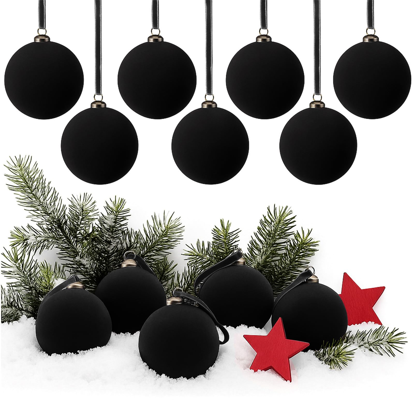 Arrowbash front view of 32-piece black velvet Christmas balls set, elegant bulk value