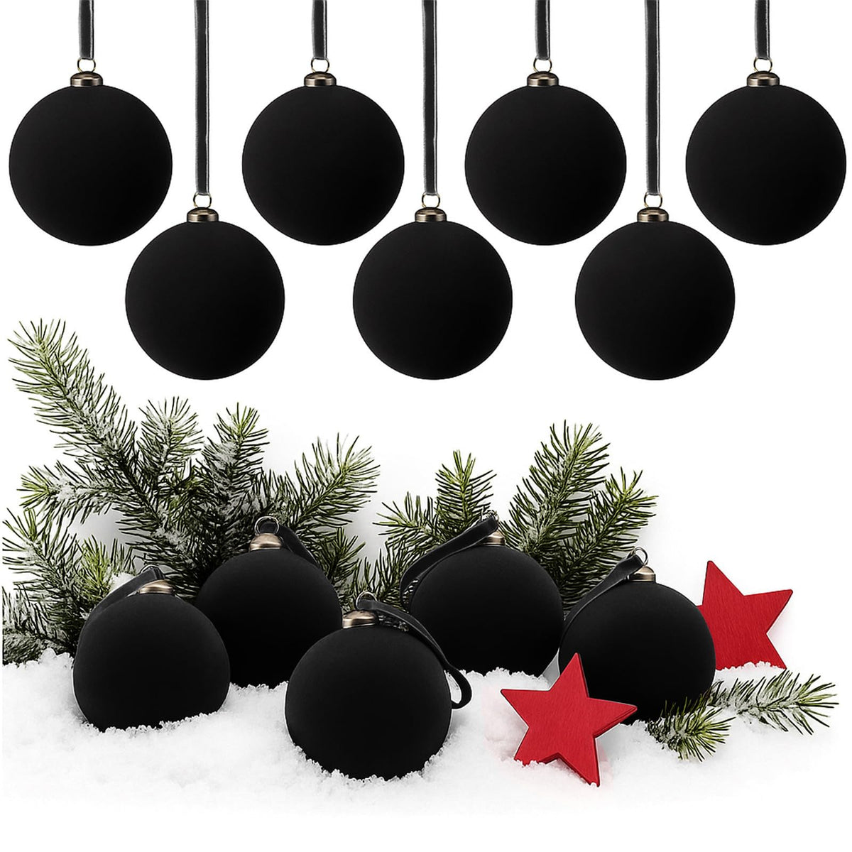 Arrowbash front view of 32-piece black velvet Christmas balls set, elegant bulk value