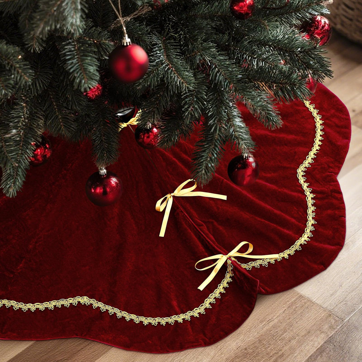 Arrowbash front view of red velvet tree skirt showing festive base and polish