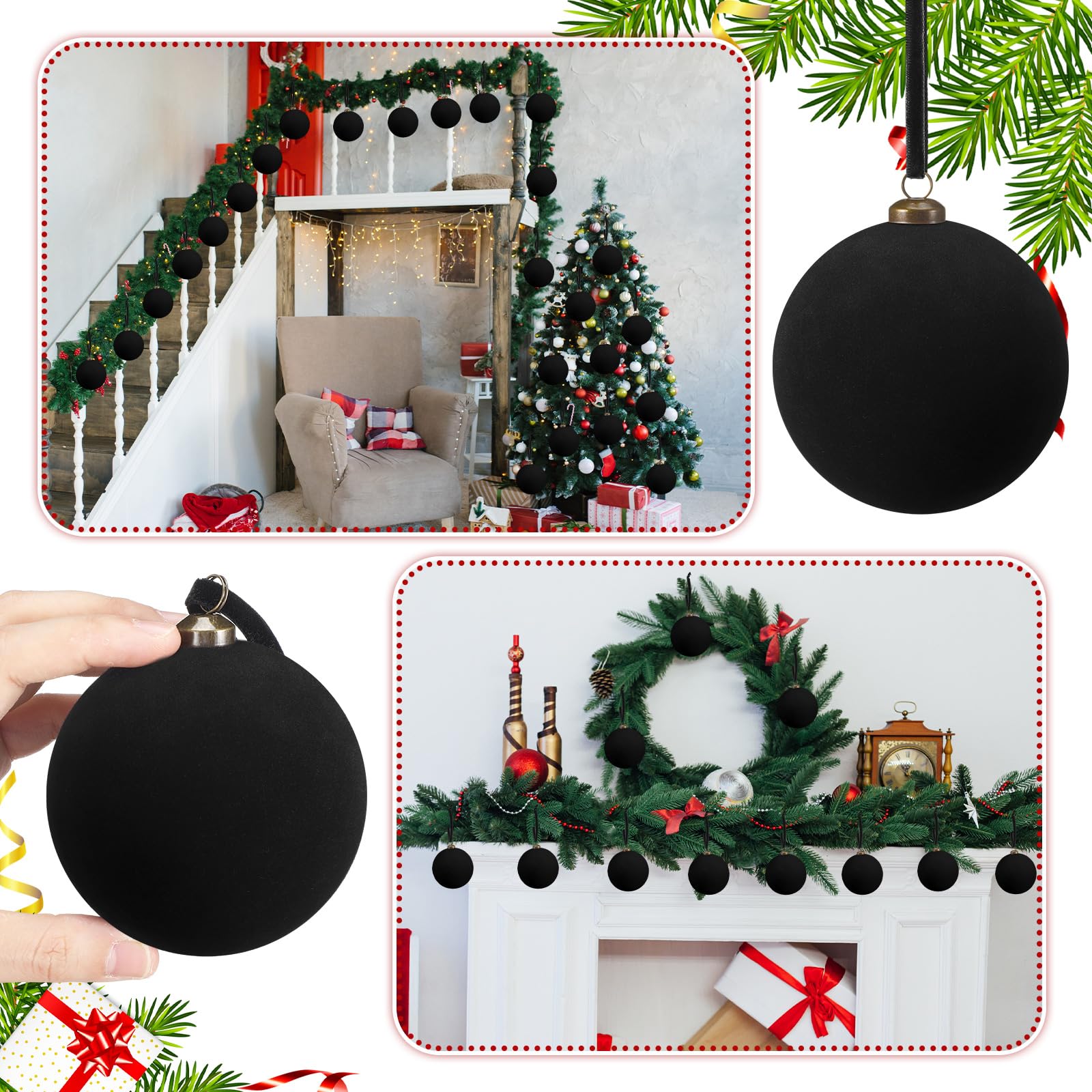Arrowbash black velvet balls styled on wreath and garland, cohesive seasonal atmosphere