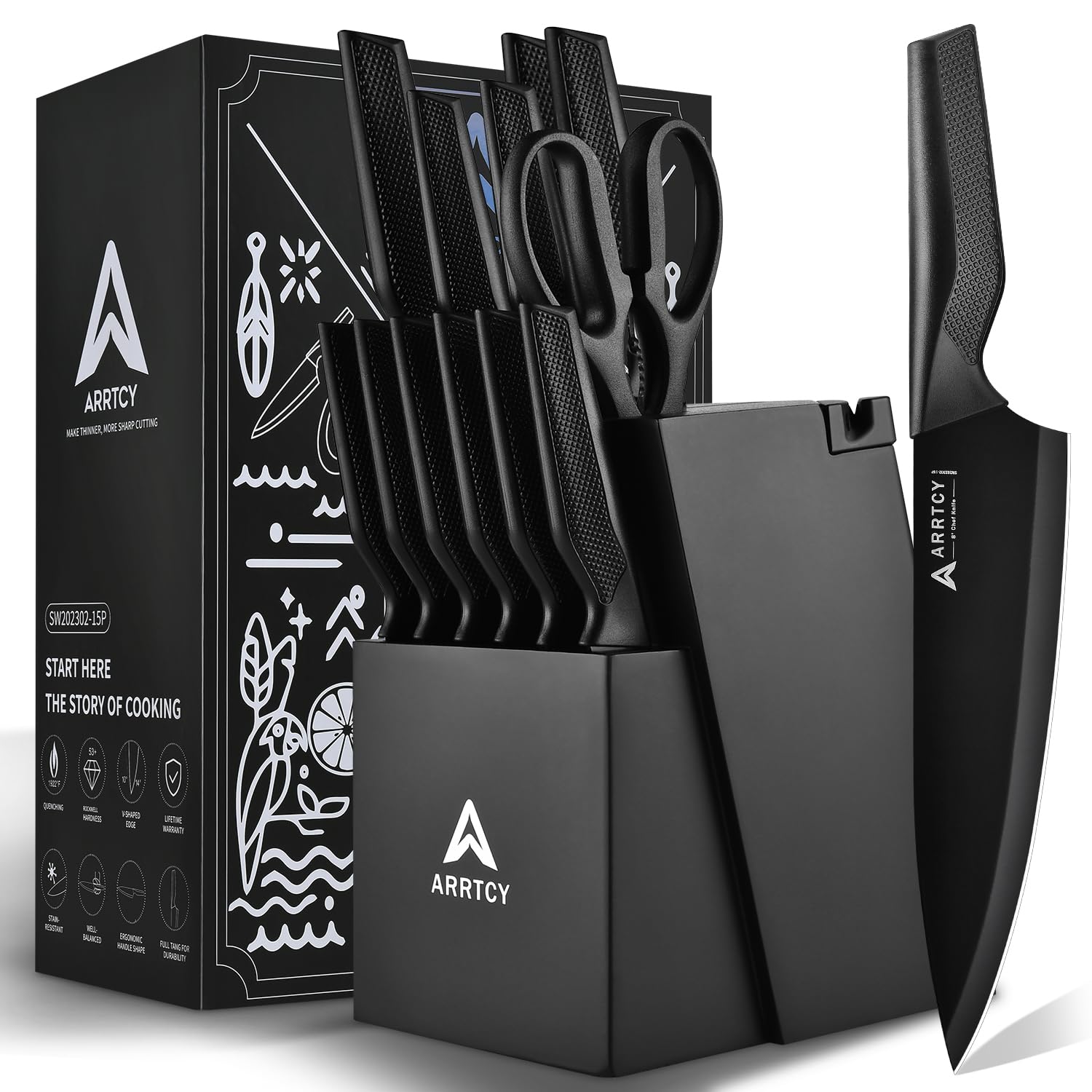 Arrtcy block front view showing full knife set and organized storage benefit