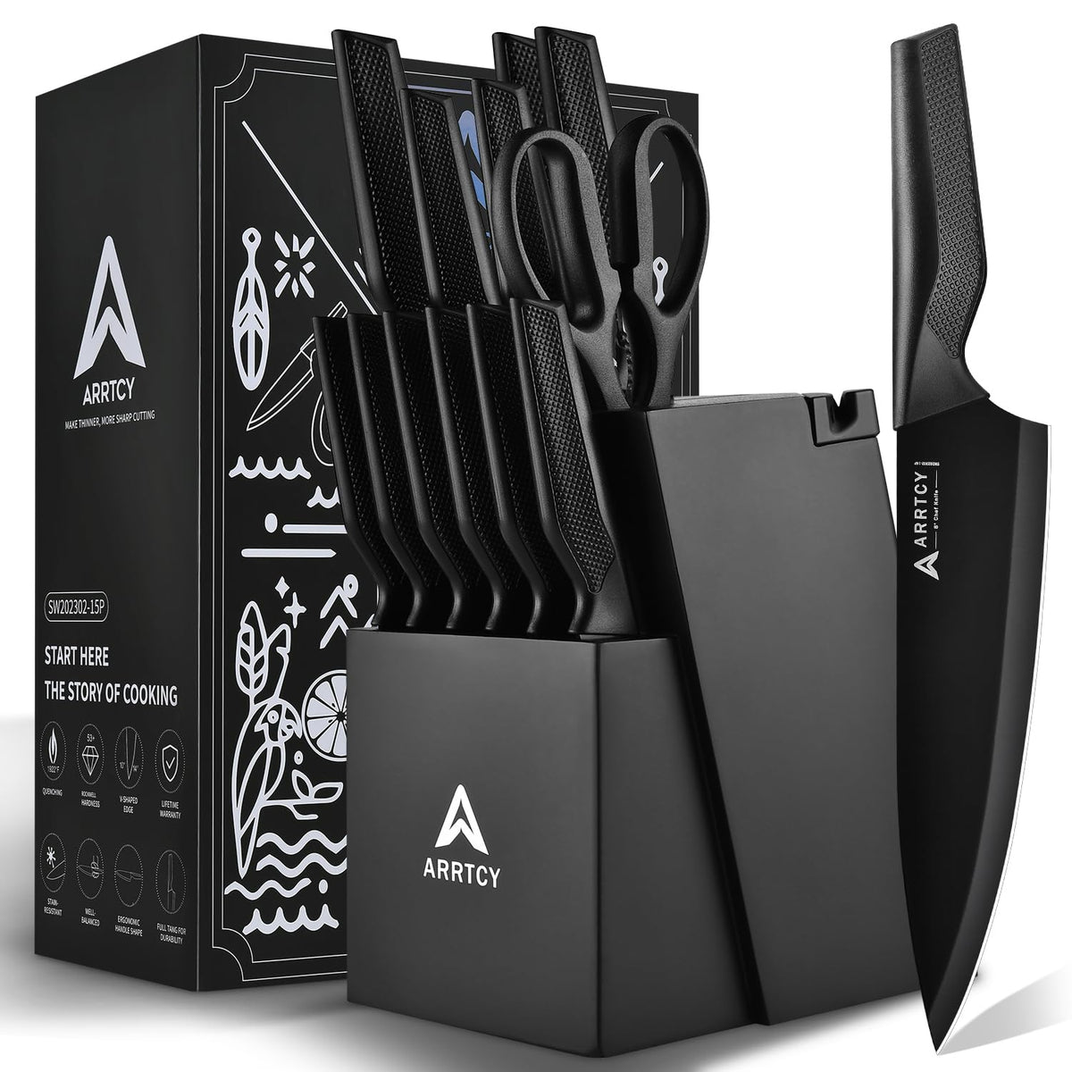Arrtcy block front view showing full knife set and organized storage benefit