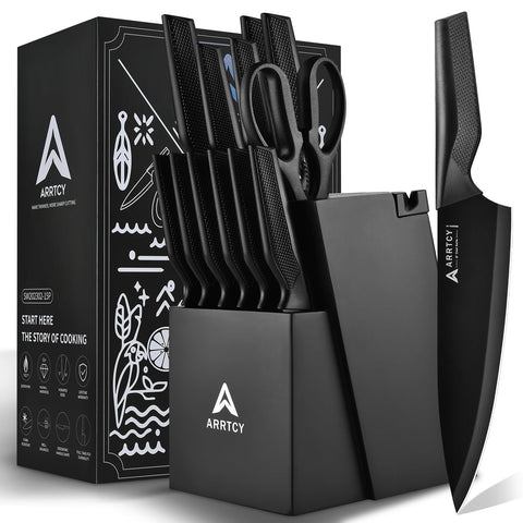 Arrtcy block front view showing full knife set and organized storage benefit
