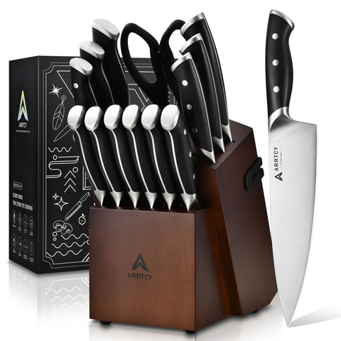 Arrtcy front view with walnut block displaying full 15-piece set for organized storage